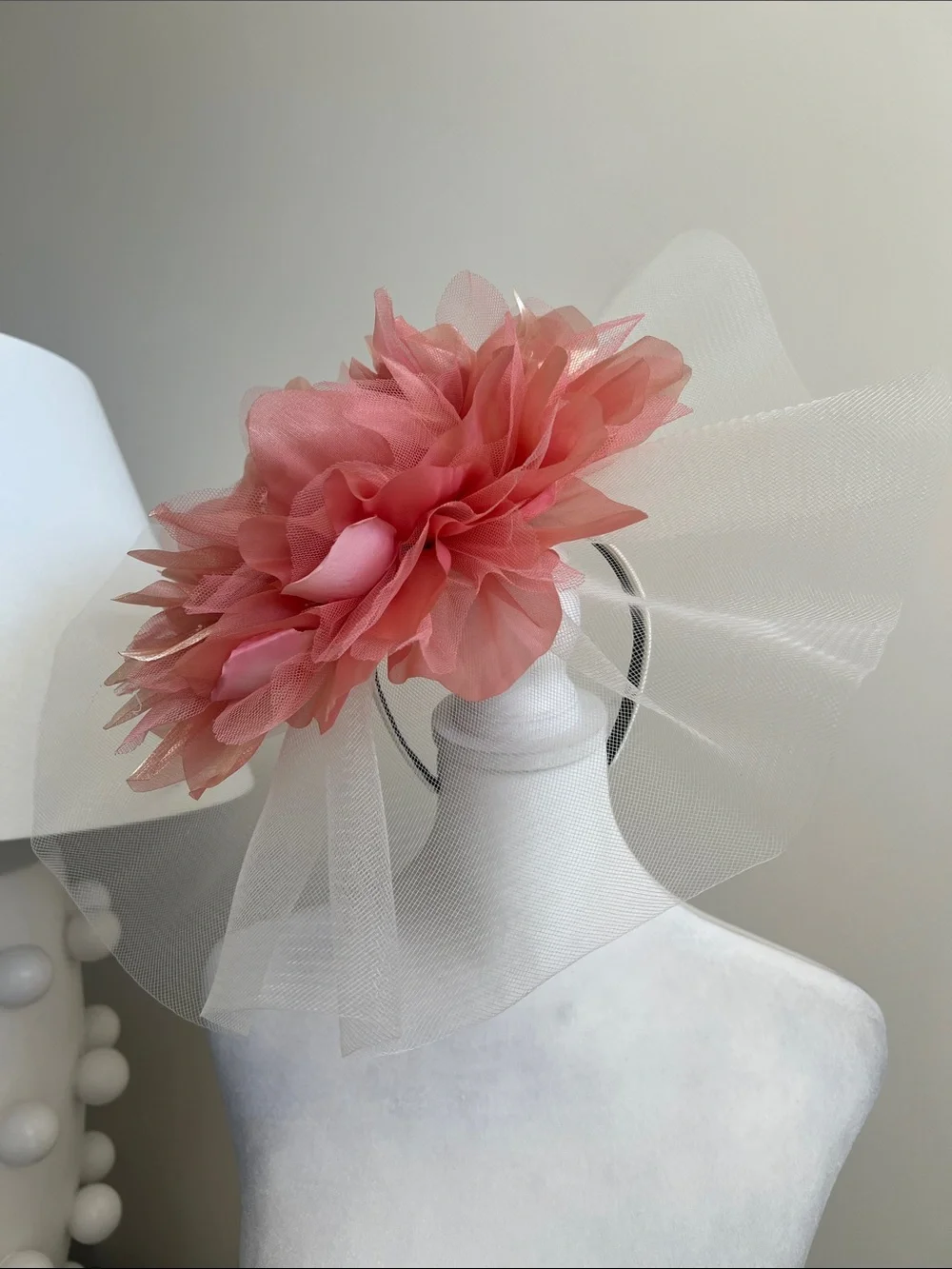 Whittall & Shon Coral fascinator Floral Tulle Headpiece posy
